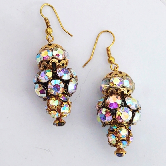 Vintage Jewelry - Gorgeous Vintage AB Crystal Large Gold Drop Earrings